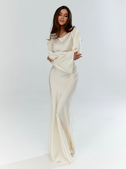Maxiklänning dam, satin — långärmad elegant och flödande