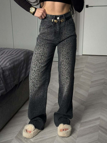 Högmidjade jeans dam med leopardmönster — stretchjeans