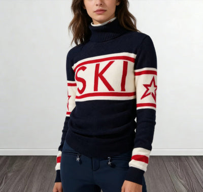 Sportig pullover dam med hög krage — stickad tröja med skidmönster