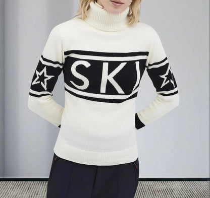 Sportig pullover dam med hög krage — stickad tröja med skidmönster