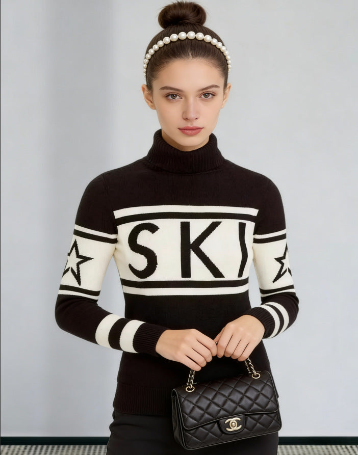 Sportig pullover dam med hög krage — stickad tröja med skidmönster