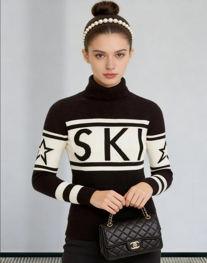 Sportig pullover dam med hög krage — stickad tröja med skidmönster