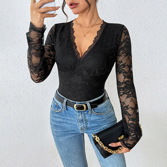 Body dam i spets — korsettstil med transparenta ärmar