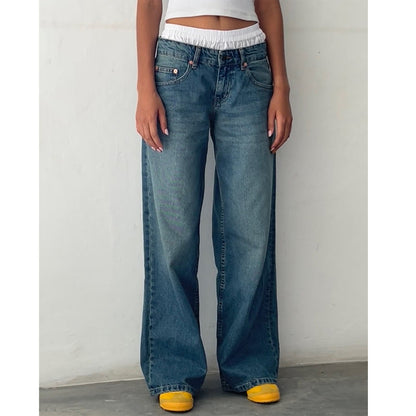 Raka jeans dam med låg midja — vida ben, avslappnad passform