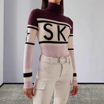 Sportig pullover dam med hög krage — stickad tröja med skidmönster