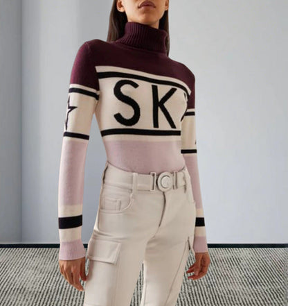 Sportig pullover dam med hög krage — stickad tröja med skidmönster
