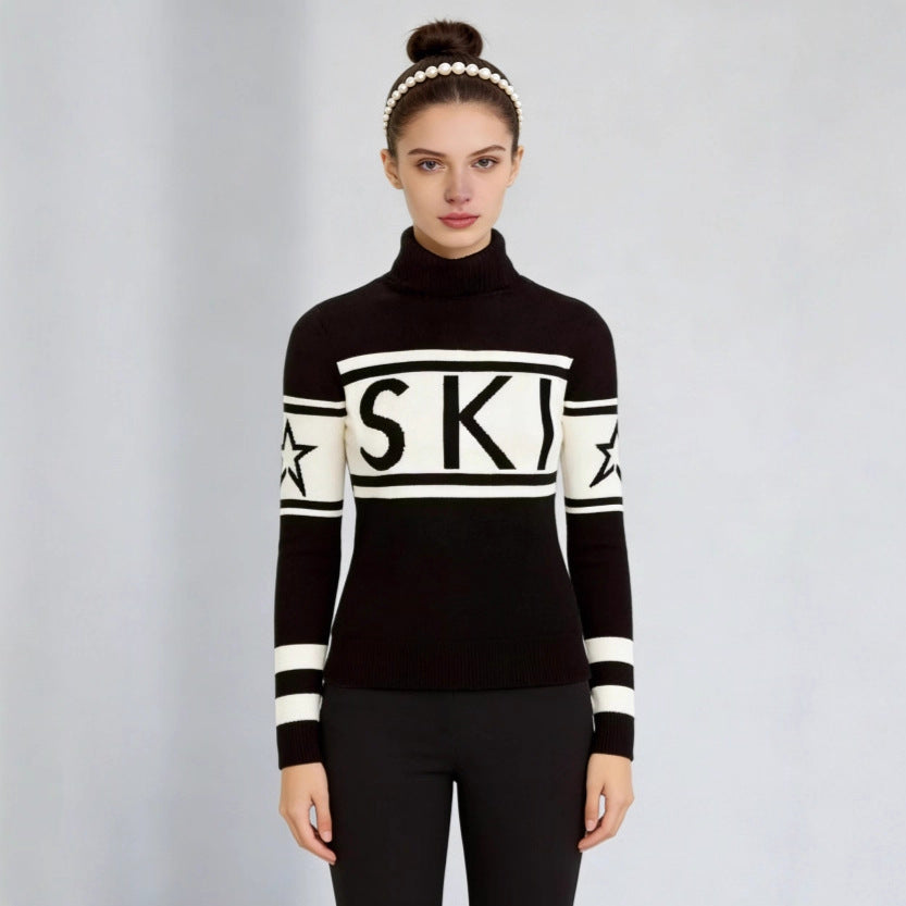 Sportig pullover dam med hög krage — stickad tröja med skidmönster