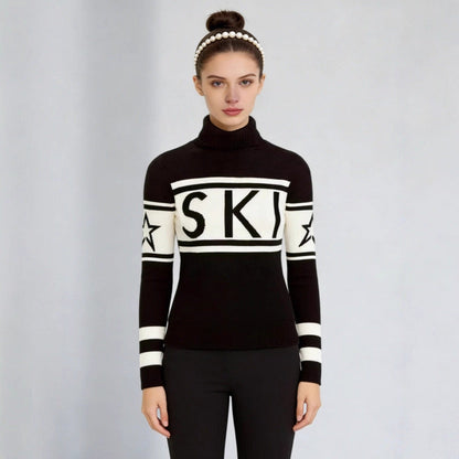 Sportig pullover dam med hög krage — stickad tröja med skidmönster