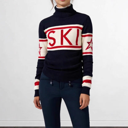 Sportig pullover dam med hög krage — stickad tröja med skidmönster