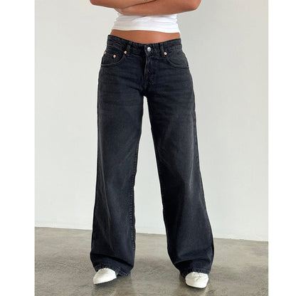 Raka jeans dam med låg midja — vida ben, avslappnad passform
