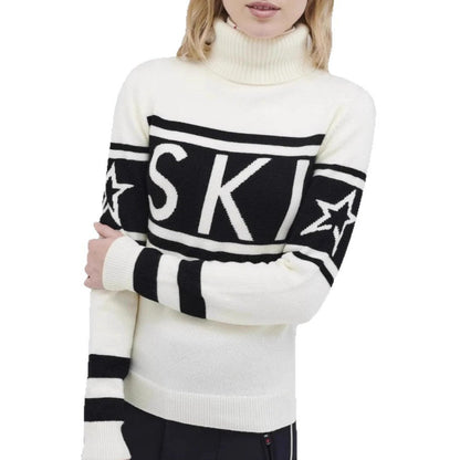 Sportig pullover dam med hög krage — stickad tröja med skidmönster