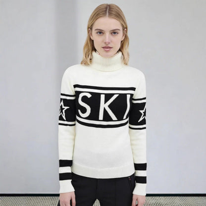 Sportig pullover dam med hög krage — stickad tröja med skidmönster