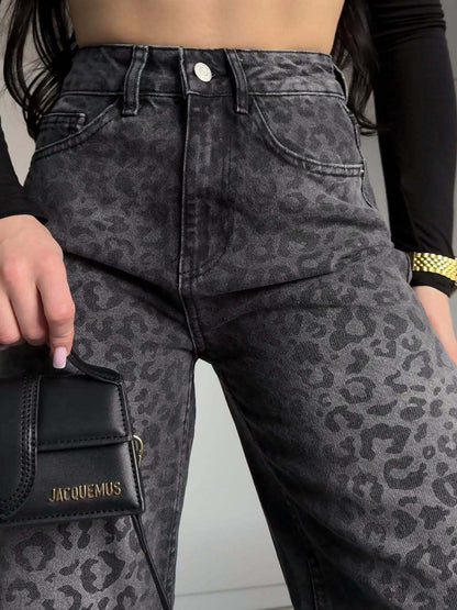 Högmidjade jeans dam med leopardmönster — stretchjeans