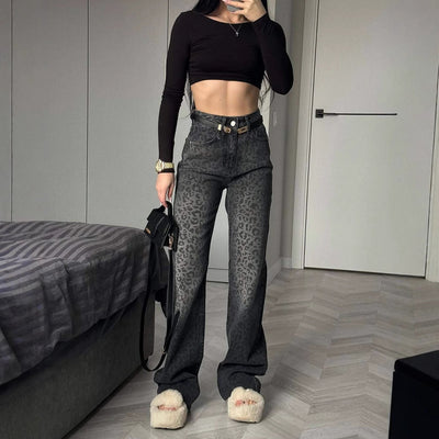 Högmidjade jeans dam med leopardmönster — stretchjeans