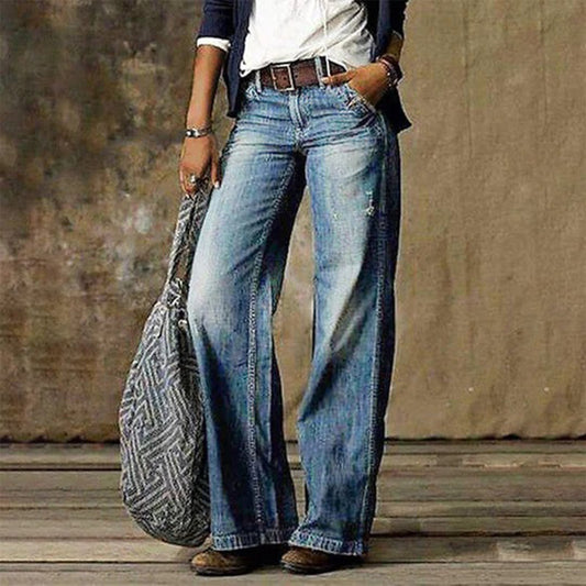 Jeans dam med vida ben — vintage denim med hög midja och lös passform