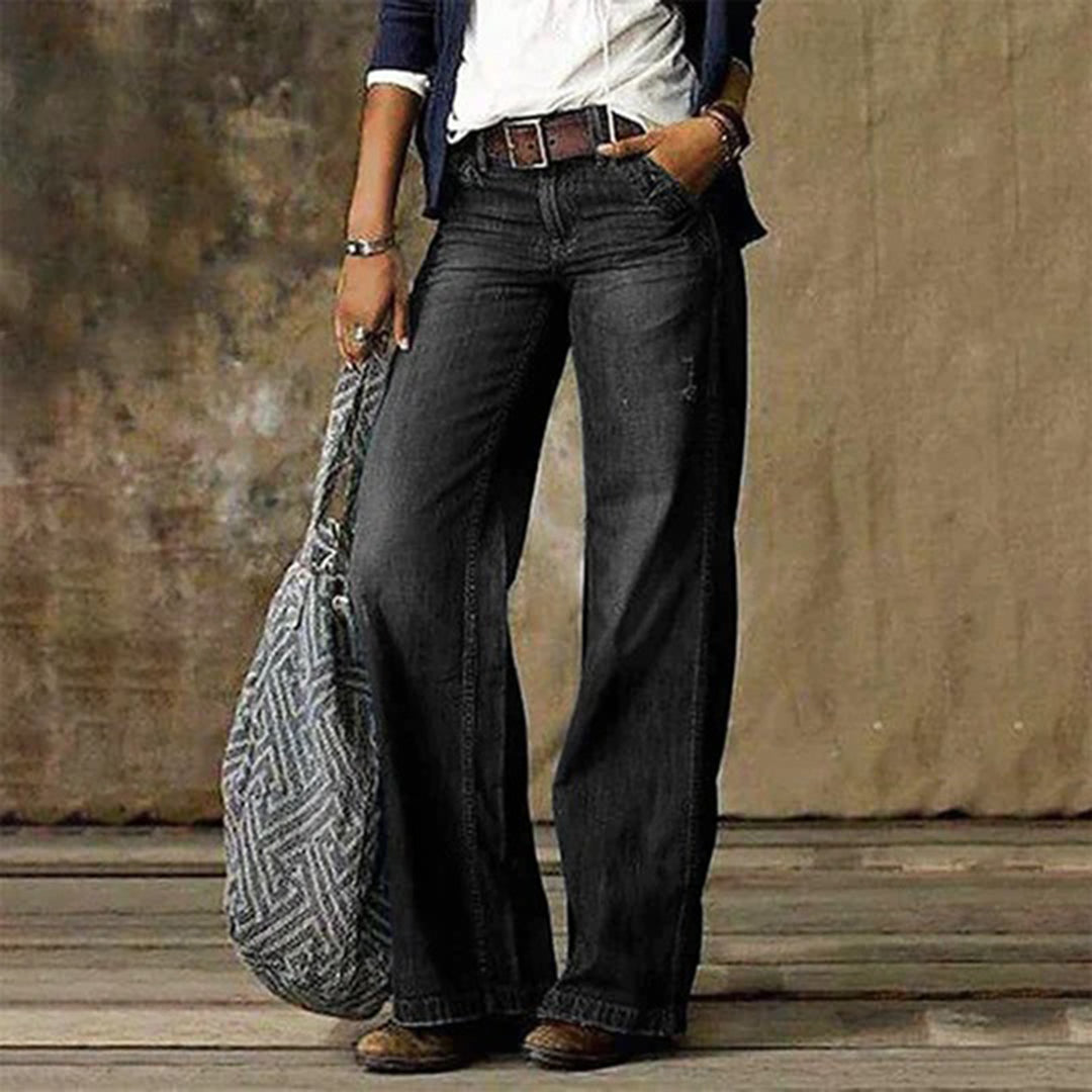 Jeans dam med vida ben — vintage denim med hög midja och lös passform