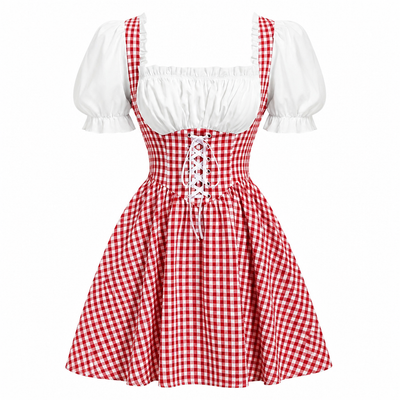 Dirndl dam, rutig — Oktoberfest-klänning med puffärmar och rosettdetaljer