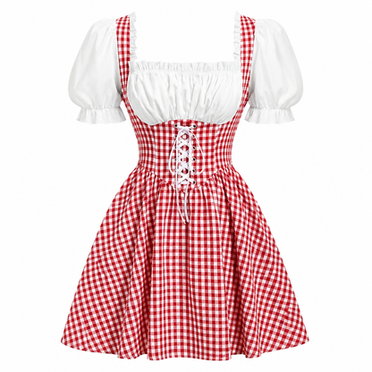 Dirndl dam, rutig — Oktoberfest-klänning med puffärmar och rosettdetaljer