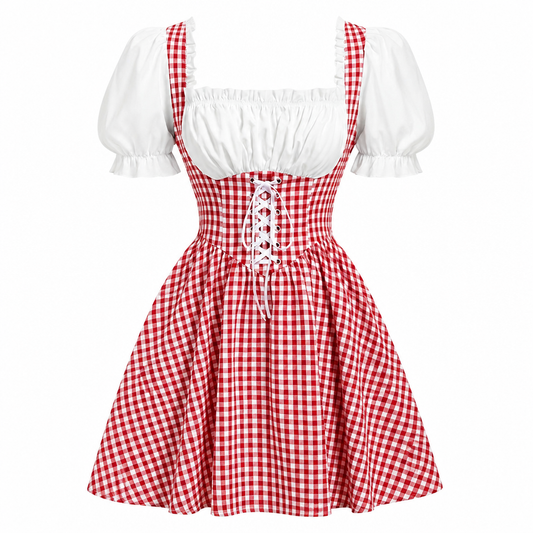 Dirndl dam, rutig — Oktoberfest-klänning med puffärmar och rosettdetaljer