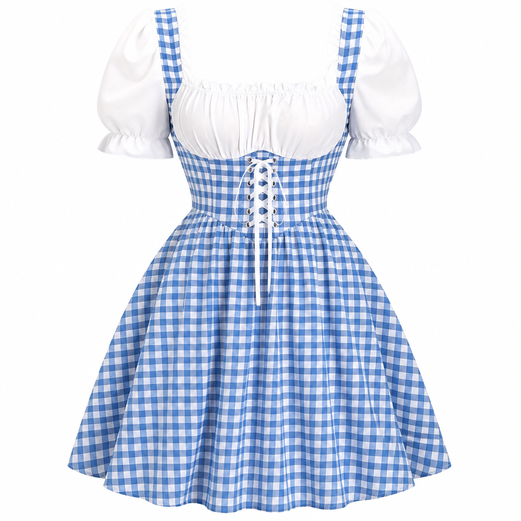 Dirndl dam, rutig — Oktoberfest-klänning med puffärmar och rosettdetaljer