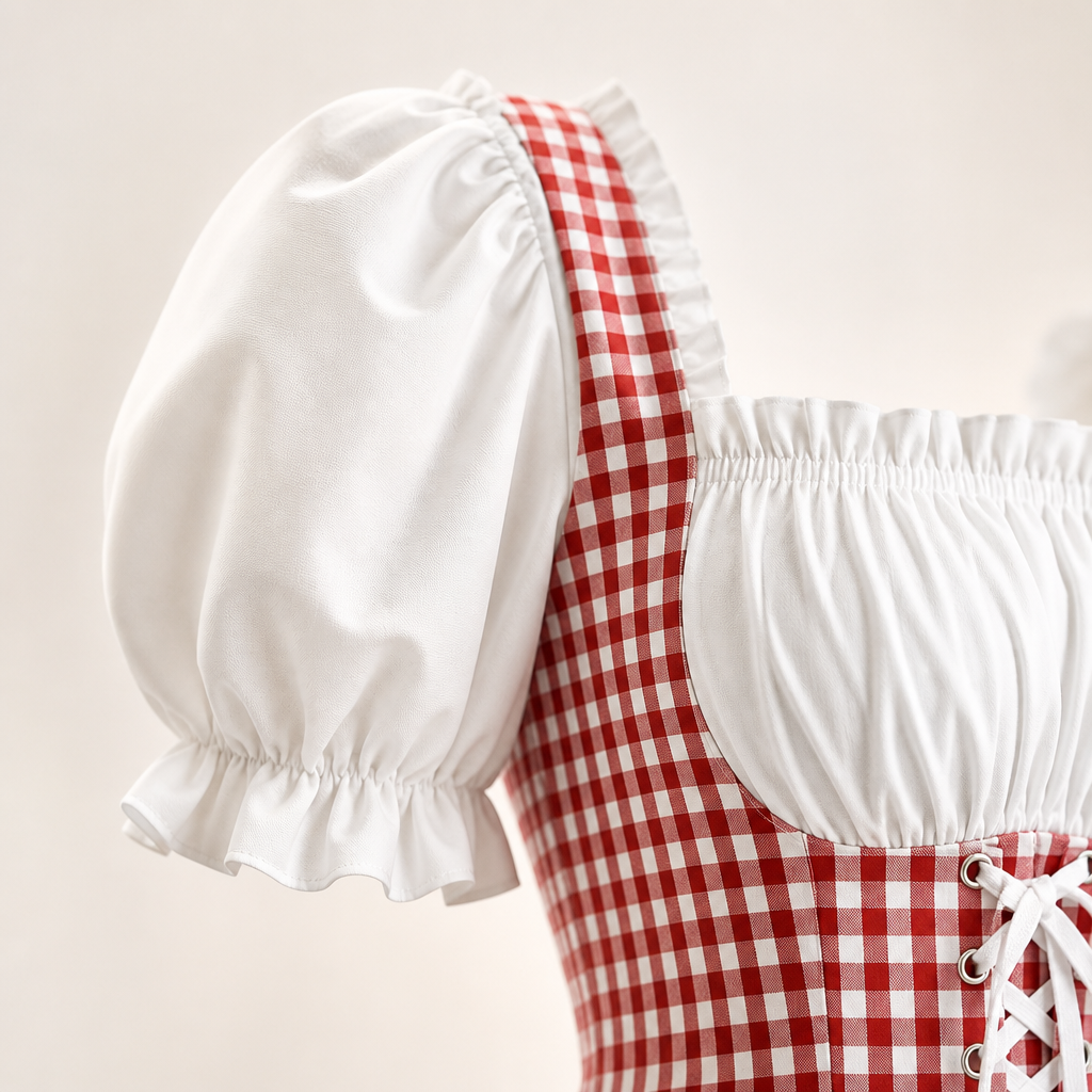 Dirndl dam, rutig — Oktoberfest-klänning med puffärmar och rosettdetaljer