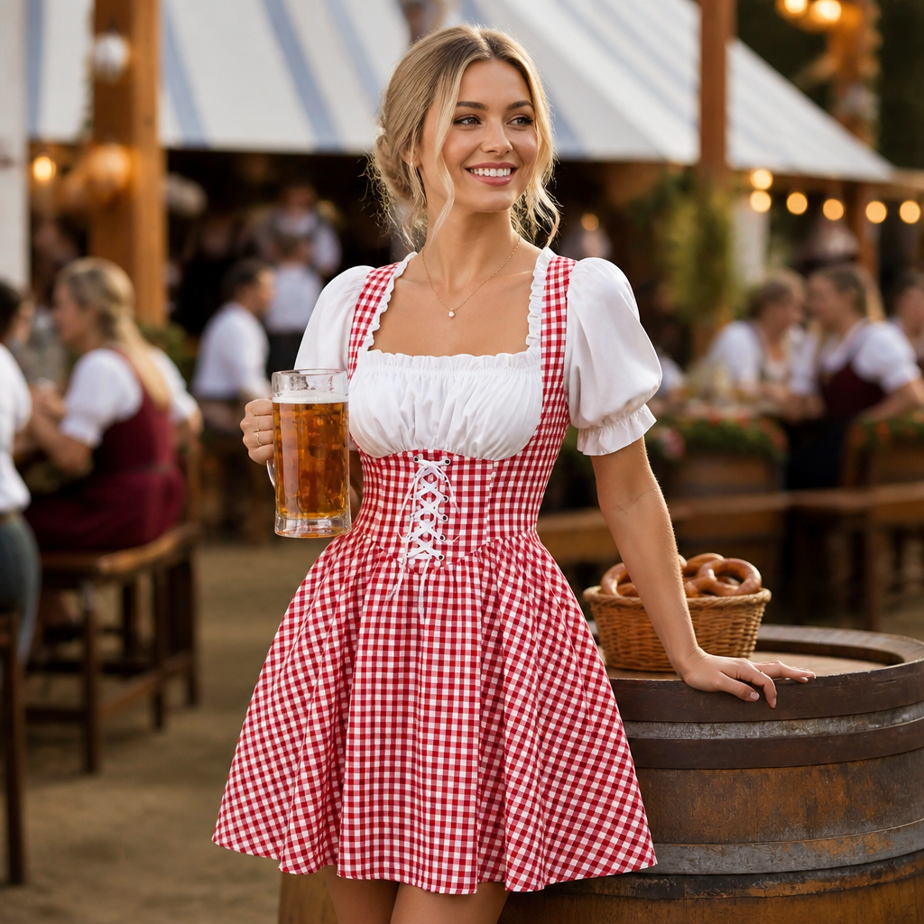Dirndl dam, rutig — Oktoberfest-klänning med puffärmar och rosettdetaljer