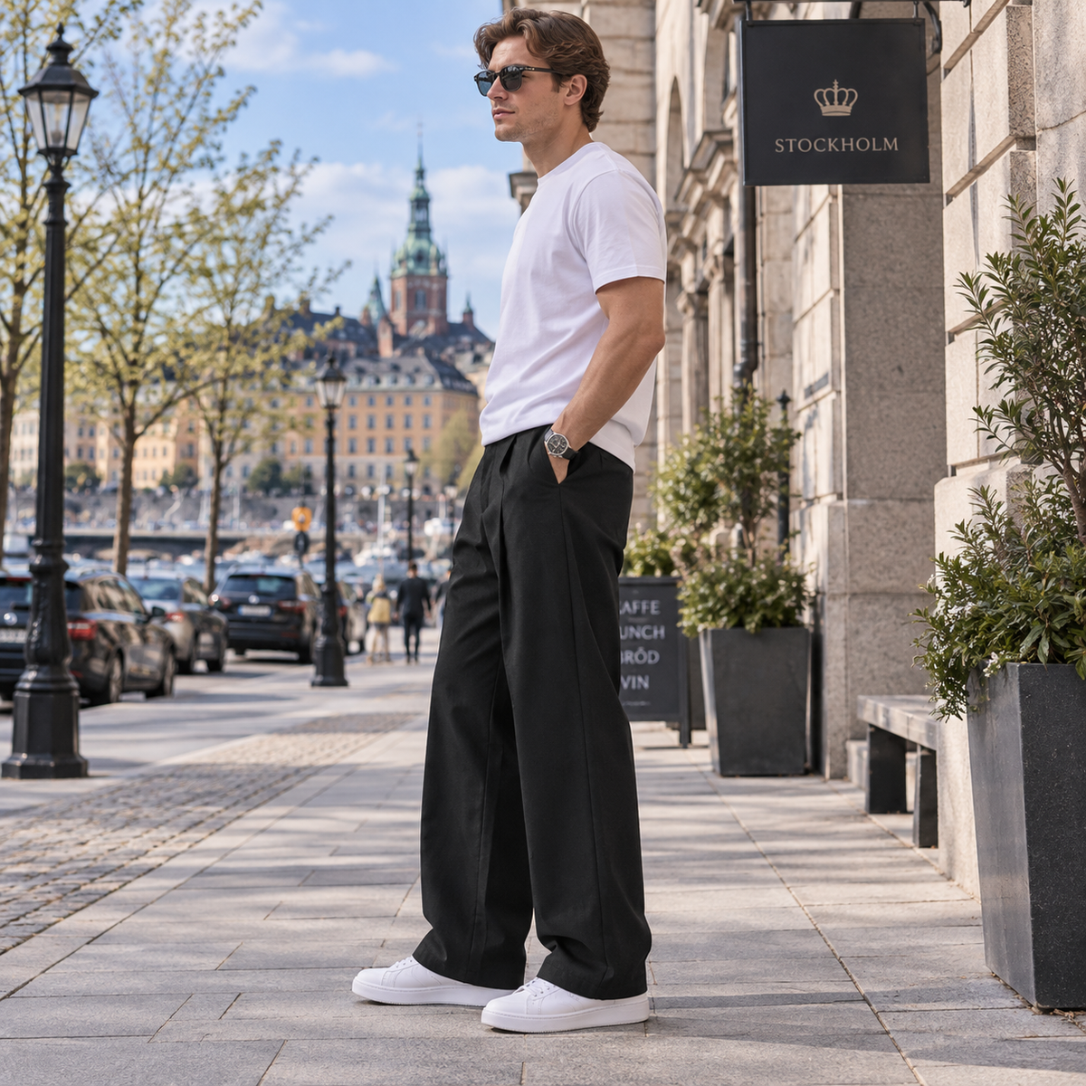 Palazzobyxor herr med hög midja — vida byxor med flytande fall
