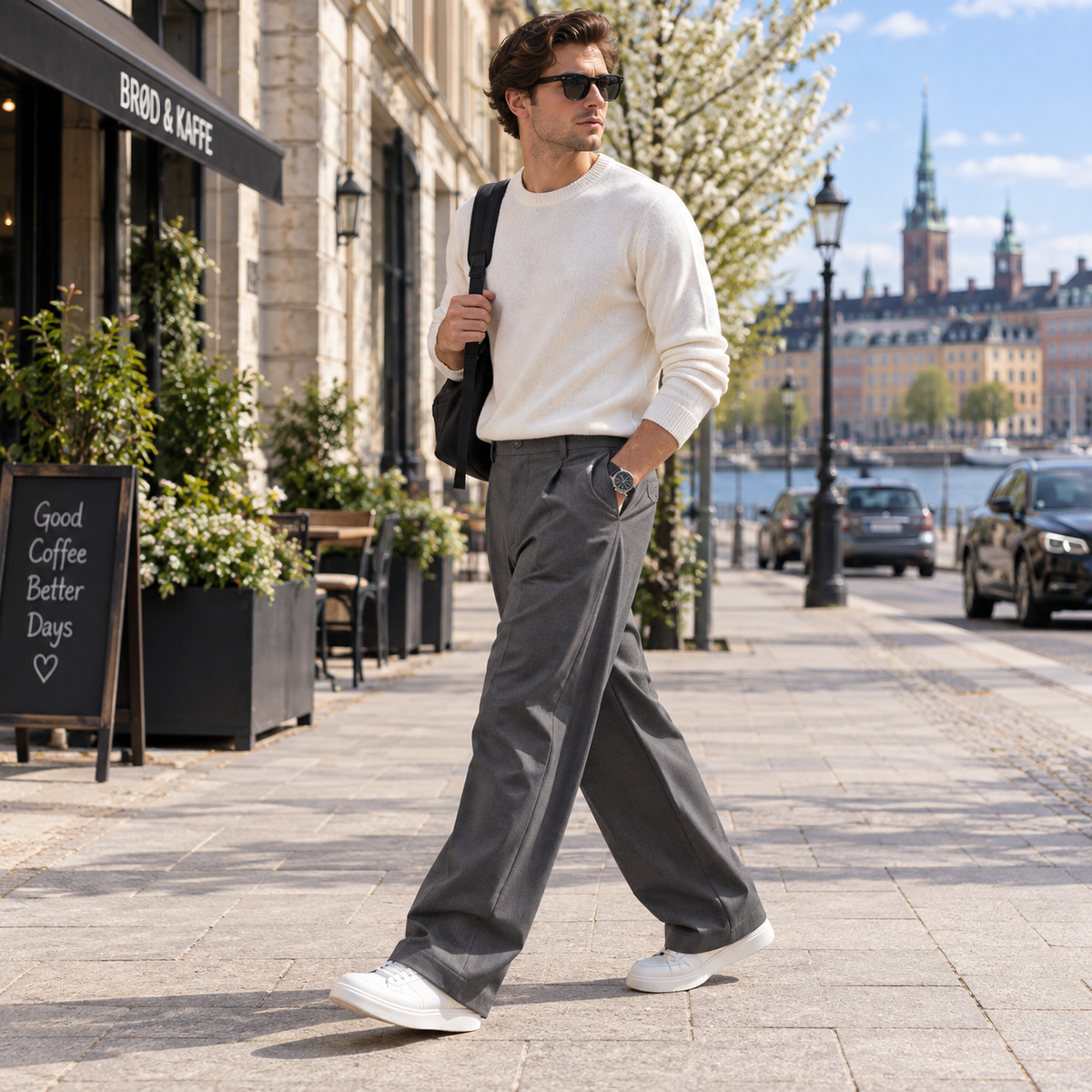 Palazzobyxor herr med hög midja — vida byxor med flytande fall