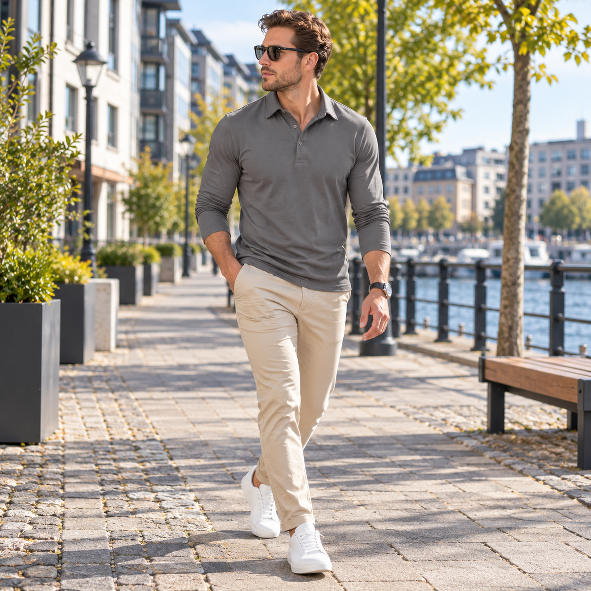 Piké herr, långärmad — figurnära muscle fit med krage