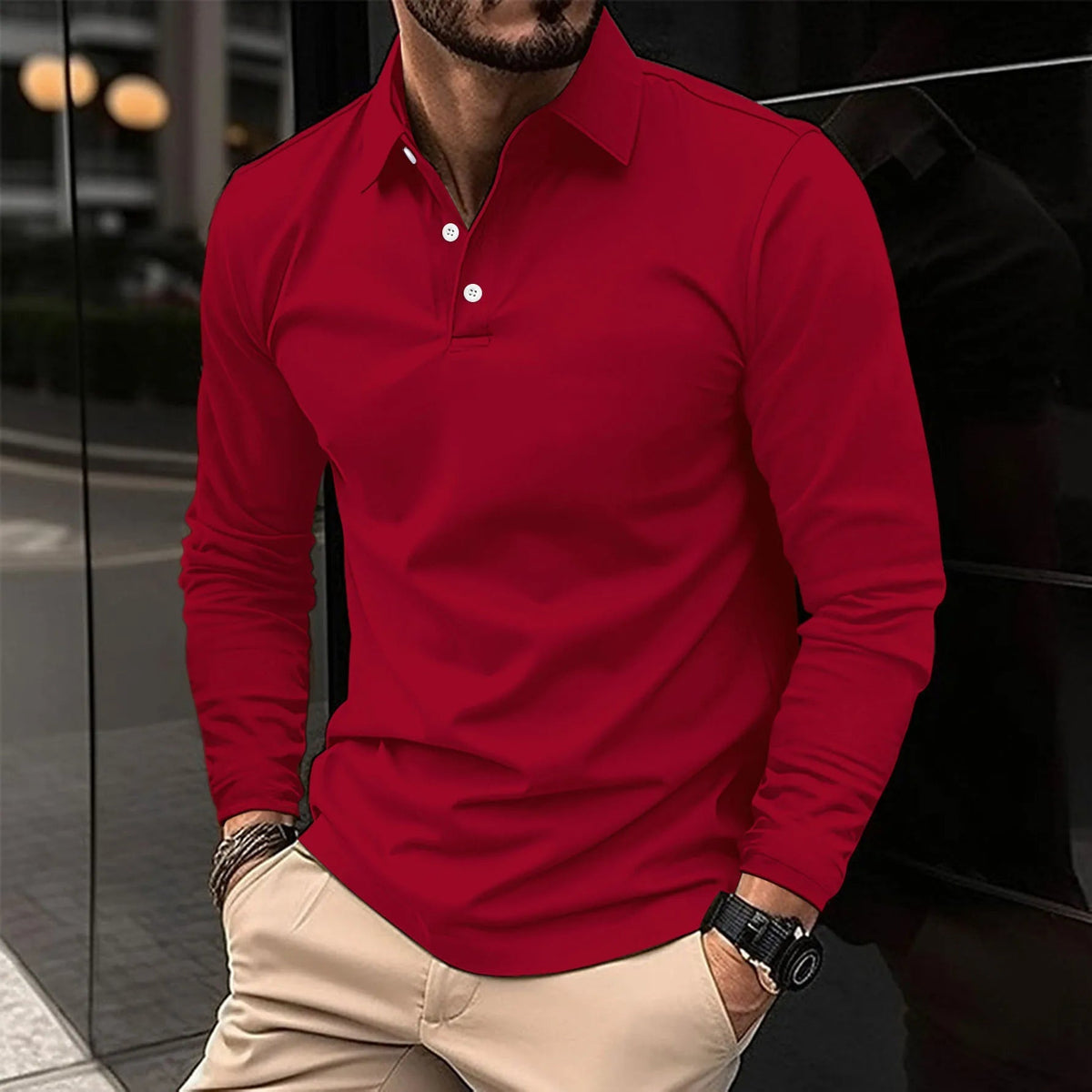 Piké herr, långärmad — klassisk krage och bekväm passform