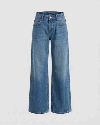 Raka jeans dam med låg midja — vida ben, avslappnad passform