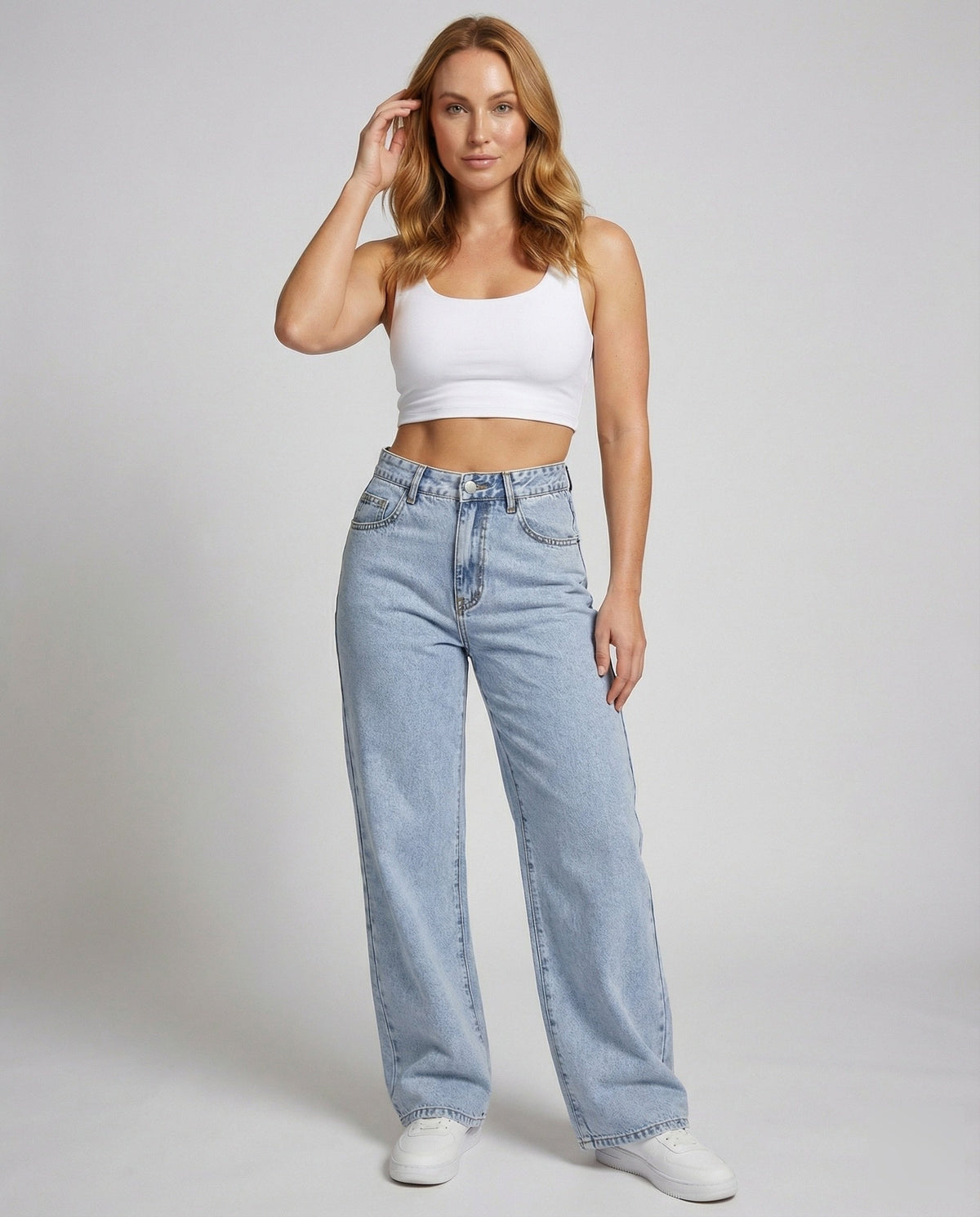 Utsvängda jeans dam — vida vintagejeans med hög midja