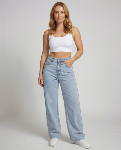 Utsvängda jeans dam — vida vintagejeans med hög midja