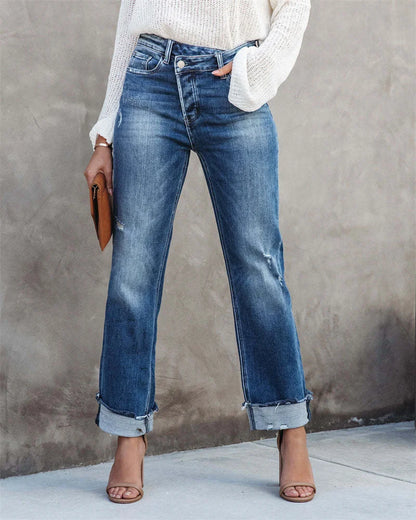 Raka jeans dam med hög midja — knappgylf och rakt ben
