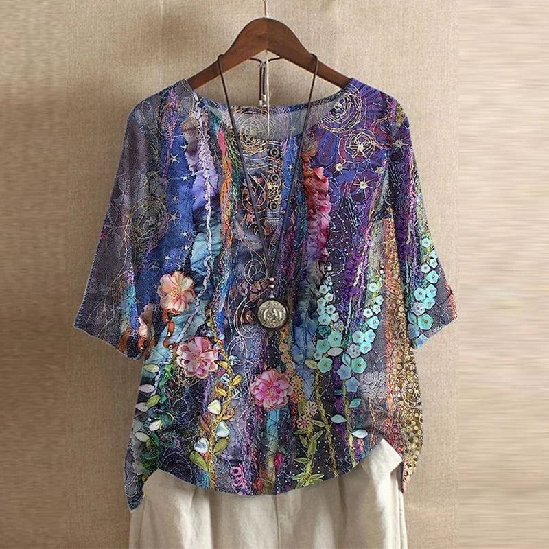 Blus dam, vintage — blommönstrad kortärmad sommarblus med rundad hals