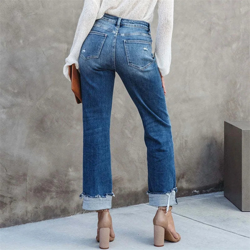 Raka jeans dam med hög midja — knappgylf och rakt ben