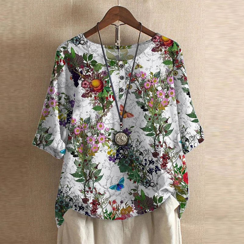 Blus dam, retro — vintage-inspirerad med blommönster för vardag och fest