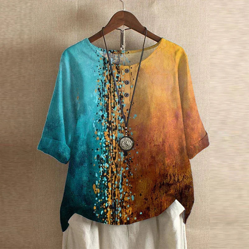 Blus dam, vintage — blommönstrad kortärmad sommarblus med rundad hals