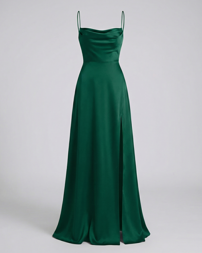Maxiklänning dam, satin — draperad halsringning med elegant benslits