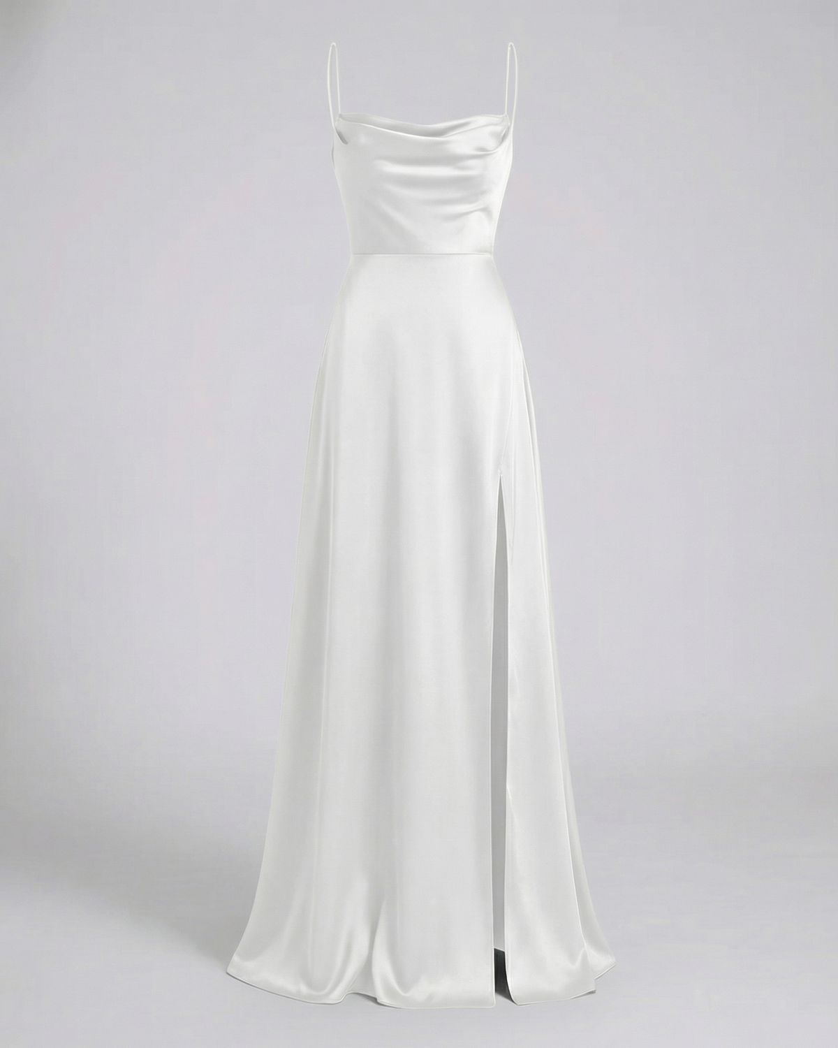Maxiklänning dam, satin — draperad halsringning med elegant benslits
