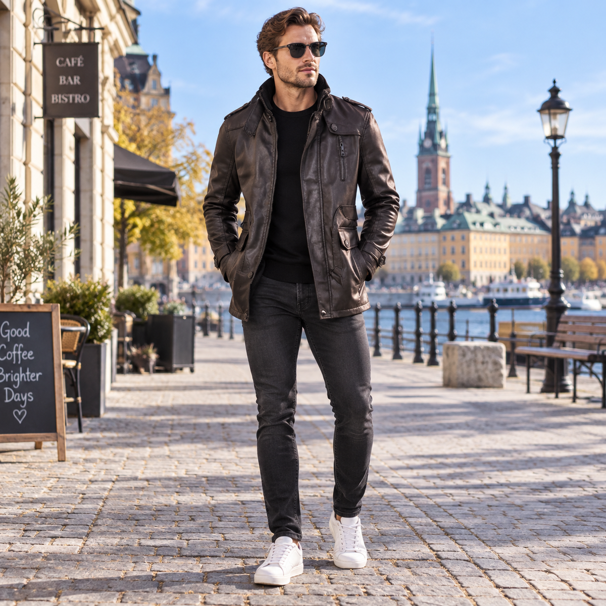 Skinnkappa herr i läderimitation — lång stilren rock