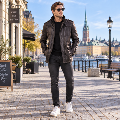 Skinnkappa herr i läderimitation — lång stilren rock