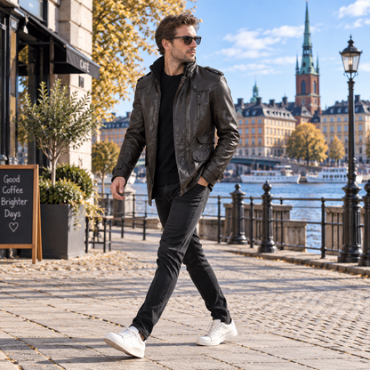 Skinnkappa herr i läderimitation — lång stilren rock
