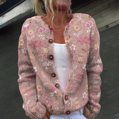 Stickad kofta dam med blommönster — rundhalsad cardigan i akryl