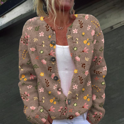 Stickad kofta dam med blommönster — rundhalsad cardigan i akryl