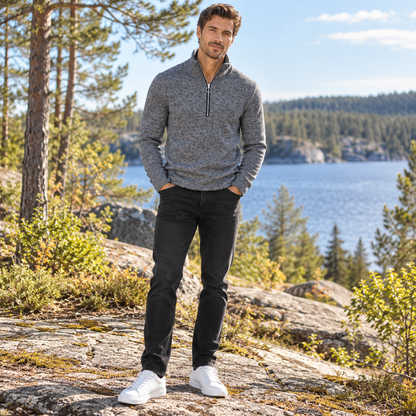Stickad tröja herr — halfzip med ståkrage, regular fit