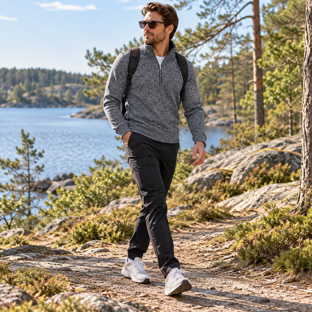 Stickad tröja herr — halfzip med ståkrage, regular fit