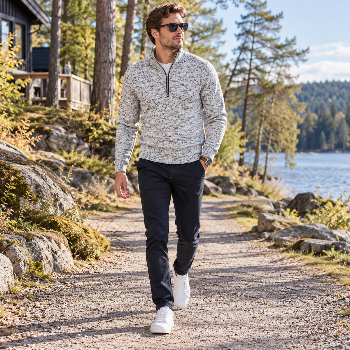 Stickad tröja herr — halfzip med ståkrage, regular fit