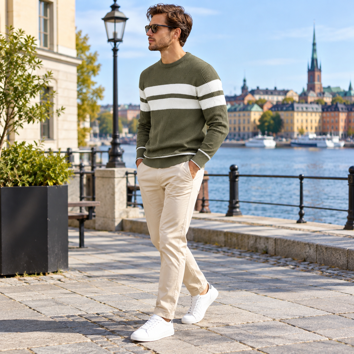 Stickad tröja herr, randig — regular fit för vardagen