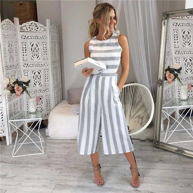 Jumpsuit dam, randig — lång ärmlös overall i lätt bomull